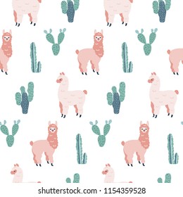 Modern seamless hand drawn pattern with alpacas and cacti. Childish texture. Good for fabric, textile Vector Illustration