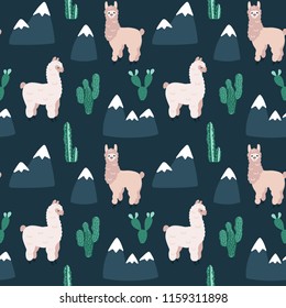 Modern seamless hand drawn pattern with Alpacas, Cactus and Mountains. Childish texture. Good for print. Vector repetitive wallpaper.