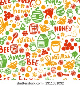 Modern seamless honey bee pattern. Organic farming concept with lettering
