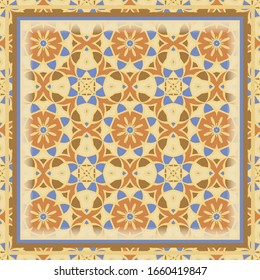 Modern seamless illustrated pattern in yellow, orange and blue made of abstract elements. Frame.