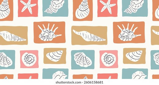 Modern seamless marine pattern with seashells and starfish in frames. Hand drawn minimalist sea print. Collage abstract elements. Tropical vacation, beach and ocean concept.