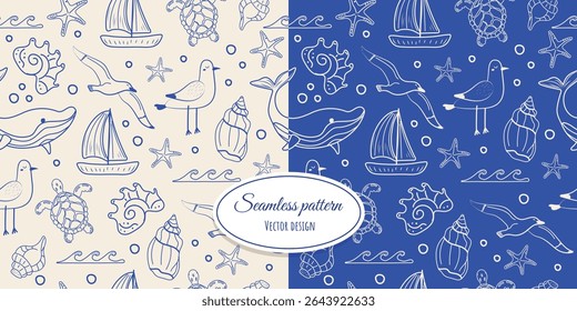 Modern seamless marine pattern with shells, seagulls, waves, whale, sailboat and sea turtle. A hand-drawn summer print. The concept of a tropical vacation, beach and ocean. Vector design.