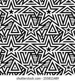 Modern Seamless Mix Stars Background. Black and White Striped Vector Pattern