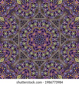Modernes, nahtloses Ornament einfacher Geometriestrukturen. Ethnisches Stammesdesign. Verpackungsdruck. Geometrie kleiner Elemente. Vektorkaleidoskop-Muster.