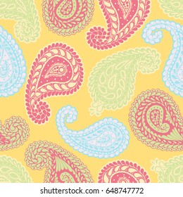 Modern Seamless Paisley Pattern. Fresh Trendy Colors. Hand Drawn Paisley Elements Scanned and Traced to Vector. Bright Zentangle in Persian Style