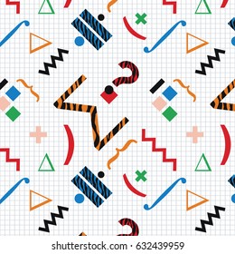 Modern seamless pattern 80's and 90's styles with Math Symbols / Trendy Memphis style / Graph paper Background / Vector Illustration / Global colors Saved with Pattern Swatches