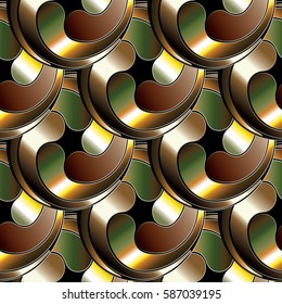 Modern seamless pattern.  Abstract background wallpaper illustration with gold  3d  tiled circles waves and elegant golden ornaments.Vector  texture for fabric, textile, curtain.