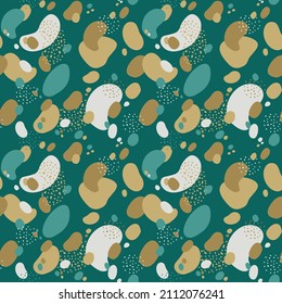 Modern seamless pattern with abstract beige brown gray green colored shape and point on dark velvet jade background. Trendy art endless texture . Vector illustration. 