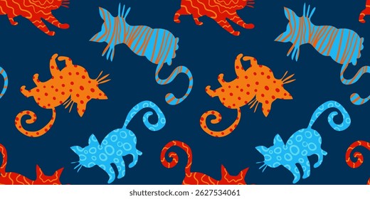modern seamless pattern with abstract cat silhouettes in playful red, orange and blue artistic textures on dark blue background textile and surface design