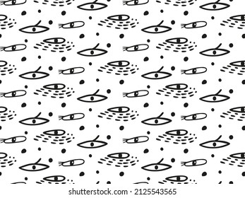 Modern seamless pattern with abstract eyes in doodle style. Hand-drawn black white illustration of magical divine gaze. Witchcraft's vision for texture used for protective amulets design from evil eye