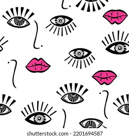 Modern seamless pattern with abstract female eyes, red lips vector graphic lines print for cover, packaging, fabric, textile, wallpaper, advertising.