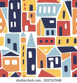 Modern seamless pattern with abstract houses. Childish vector background. Can be used for fabric, textile, wallpaper.