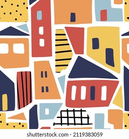 Modern seamless pattern with abstract houses. Childish vector background. Can be used for fabric, textile, wallpaper.