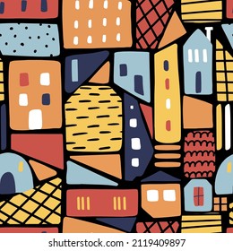 Modern seamless pattern with abstract houses. Childish vector background. Can be used for fabric, textile, wallpaper.