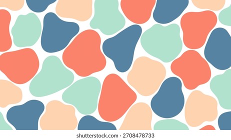 Un patrón moderno sin fisuras con Formas abstractas, orgánicas, como guijarros en una paleta de colores apagados de coral, azul y verde sobre un fondo blanco.