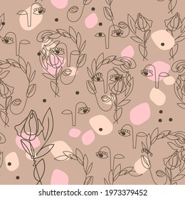 Modern seamless pattern with abstract outline of women faces in boho style colors. Symbol spring blooming, concept love of girl to flowers. For modern vector design, boho style, hygge mood.