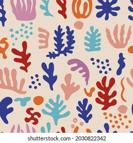 Modern seamless pattern with abstract shapes. Vector illustration with abstract cut-out shapes in Matisse style. Can be used for home decoration, packaging, wallpaper.