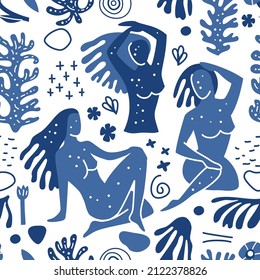 Modern seamless pattern with abstract shapes and silhouettes of people in Matisse style. Can be used for home decoration, packaging, wallpaper.