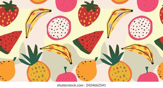 Modern seamless pattern with abstract trendy fruit element. Vector illustration of fruits for packaging, naatural cosmetics, vegan products. Fashionable template for design.