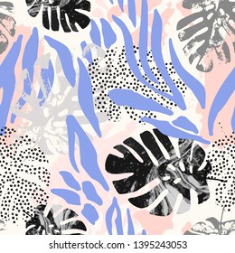 Modern seamless pattern with animal skin print and botanical tropical leaves. Creative zebra stripes and marble grunge textured monstera leaf background. Vector art illustration