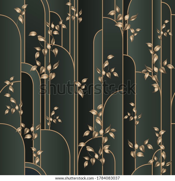 modern seamless pattern with art-deco lattice and gold leaves. Seamless classic background on vector 