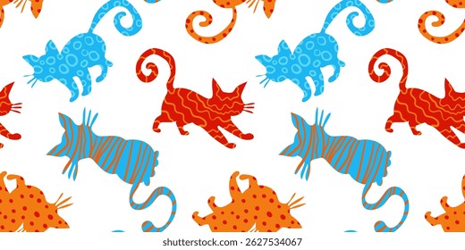 modern seamless pattern with artistic cat silhouettes in red orange and blue colors on white background – playful abstract pet design for textile and decor