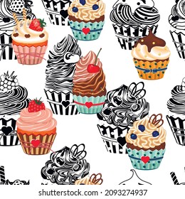 Modern seamless  pattern with  assorted cupcakes.Collage of colored  muffins and outlines design elements.Delicious dessert decorated with berries, waffles, dusting, fondant, cream.Vector illustration