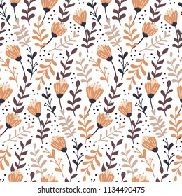 Modern seamless pattern with autumn floral elements. Hand drawn flowers, herbs and leaves. Vector wallpaper.