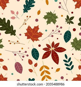 Modern seamless pattern with autumn leaves. Hand drawn fall herbs and leaves. Autumn season. Vector wallpaper for print, fabric, textile, background.