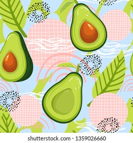 Modern seamless pattern with avocado fruits and abstract elements. Creative floral collage. Vector texture for textile, wrapping paper, packaging etc. Vector illustration.