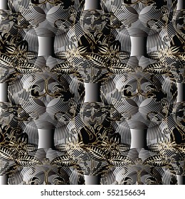Modern seamless pattern background wallpaper illustration with vintage gold flower,leaves and geometric abstrct 3d ornaments with radial circles. Floral vector texture. Damask and modern mixed styles