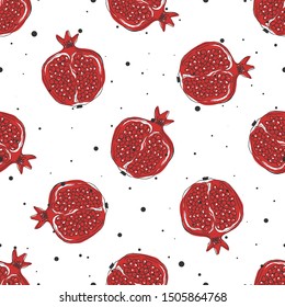 modern seamless pattern, background, wrapping paper with hand drawn pomegranate and leaves; minimalist vector illustration in red, white, black; ideal for Jewish new year (Rosh Hashanah) designs