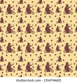 Modern Seamless pattern with bear elements and brown coffee beans