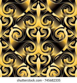 Modern seamless pattern. Black striped vector background with gold swirl shapes, figures, trendy ornaments. Abstract surface texture. Ornate design for wallpapers, fabric, prints, textile with shadow