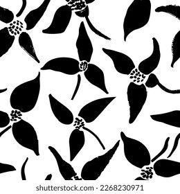 Modern seamless pattern black stylized exotic flowers with sharp petals . Vector abstract floral motif. Decorative ornament in naive design style. Hand drawn wild plants. Decorative floral ornament