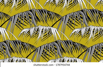 modern seamless pattern with black and white tropical palm branches for unisex surface design on khaki background