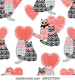 Modern seamless pattern with  black and white cats and pink hearts with textures.Feline silhouettes with tails, glasses, bows and scarves.Valentines day background in Memphis style.Vector illustration