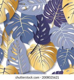 Modernes, nahtloses Muster mit tropischen blau-goldenen Monstera-Blättern. Luxuriöse angesagte Collage mit hellen exotischen Blättern. Trendy Vorlage für Paket, Cover, Tapete Design. Stock-Vektorgrafik.