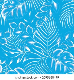 Modern seamless pattern with blue monochromatic tropical plants and leaves. Fashionable texture design, textile, fabric, printing. Original plants. Exotic design and ornament. Summer design. wallpaper
