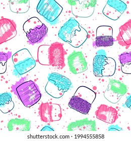 Modern seamless pattern with blue, purple, green and pink marshmallows for kids and babies. Repeat background with sweets and candies for christmas and birthdays. All over print with color splashes