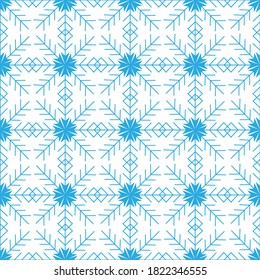 
Modern seamless pattern of blue snowflakes on a white background. Winter decor and design elements in a flat style for postcards, wrapping paper, fabric, wallpaper and more. Stock vector illustration