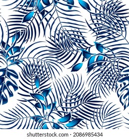 Patrón moderno y sin fisuras con plantas de hojas de palma de monstera tropical azul y follaje. Diseño de textura de moda, textil, tejido, impresión. Diseño de verano. Diseño y adorno exóticos. fondo blanco 