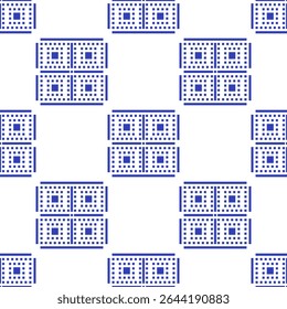 Modern seamless pattern of bold geometric square grid motifs in blue on white background. Concept of repetitive, block, small dotted pixel, abstract design for paper print, texture, tiles, wallpaper.