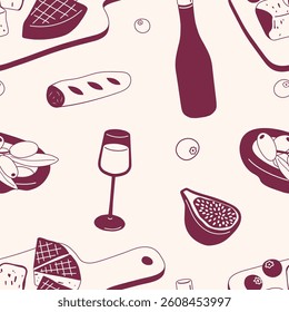 Modern seamless pattern with cheese plate, wine and wine snacks. Pattern with picnic food in minimalist style. White and dark red background for menu decoration and restaurants.