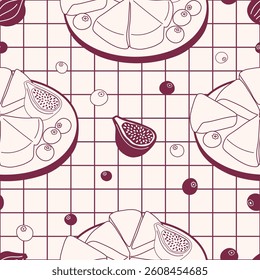 Modern seamless pattern with cheese plate, blueberry and fig. Pattern with picnic food in minimalist style. White and dark red background for menu decoration and restaurants.