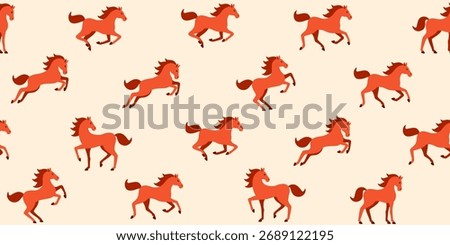 Modern seamless pattern with Chinese lunar fire horse. Vector illustration. Happy New Year 2026 background. Japanese Christmas ornament, cute cartoon pony. Jockey riding wallpaper, race texture
