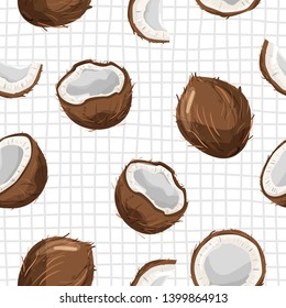 Modern seamless pattern with coconut and slices. Summer vibes. Vector texture for textile, postcard, wrapping paper, packaging etc. Vector illustration on checkered background.