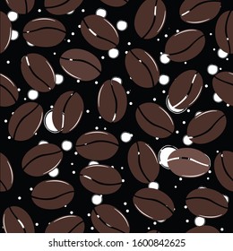 Modern seamless pattern with coffee beans on black background. Repeating coffee background. Vector Illustration