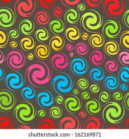 Modern seamless pattern with colored twirl shapes on black