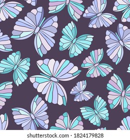 Modern seamless pattern colorful design with abstract geometric blue and purple butterflies on dark background. Can be used for printing on paper, stickers, badges, bijouterie, cards, textiles. 